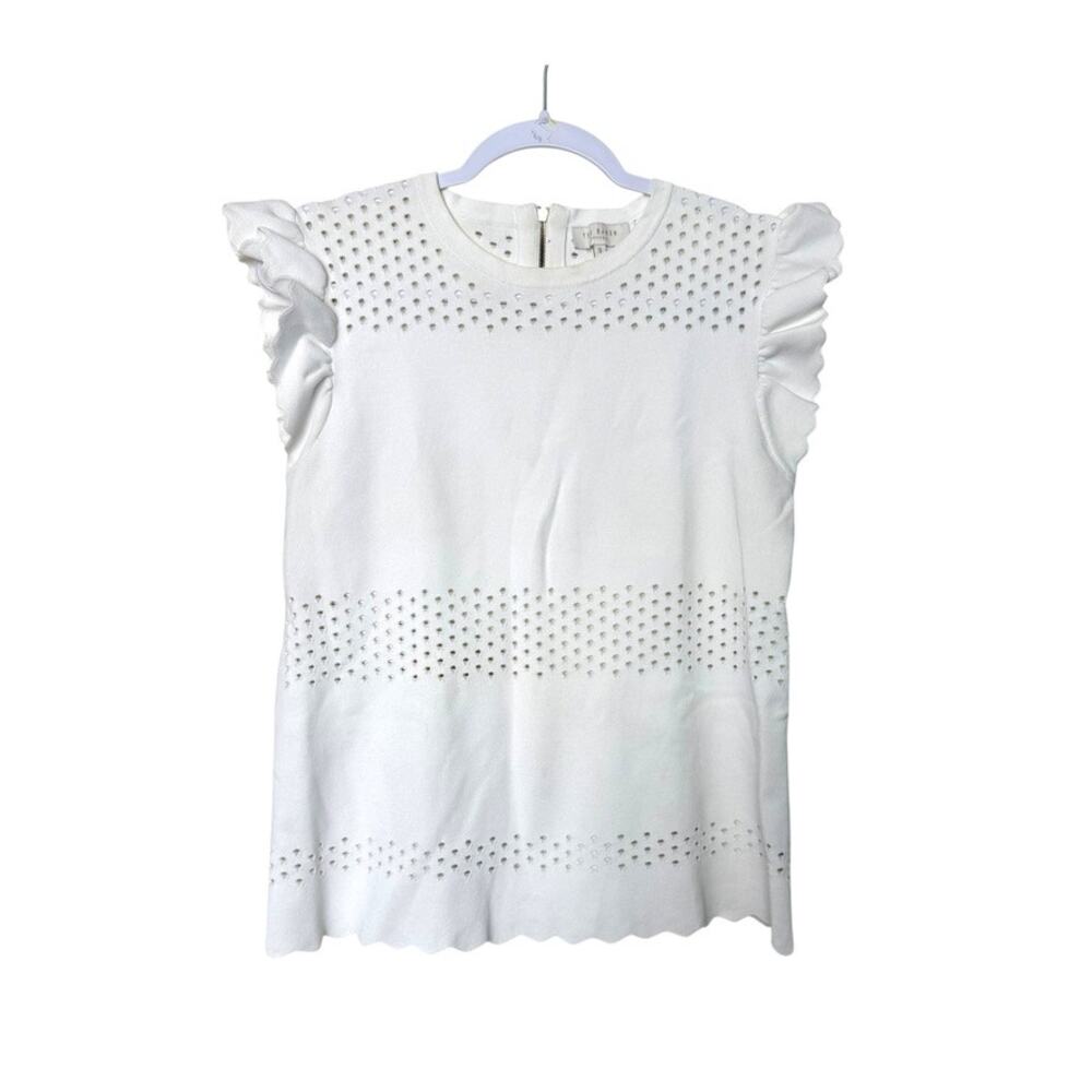 Ted Baker Frill Sleeves Knit Top Women's 8 White Lightweight‎ Business Casual
